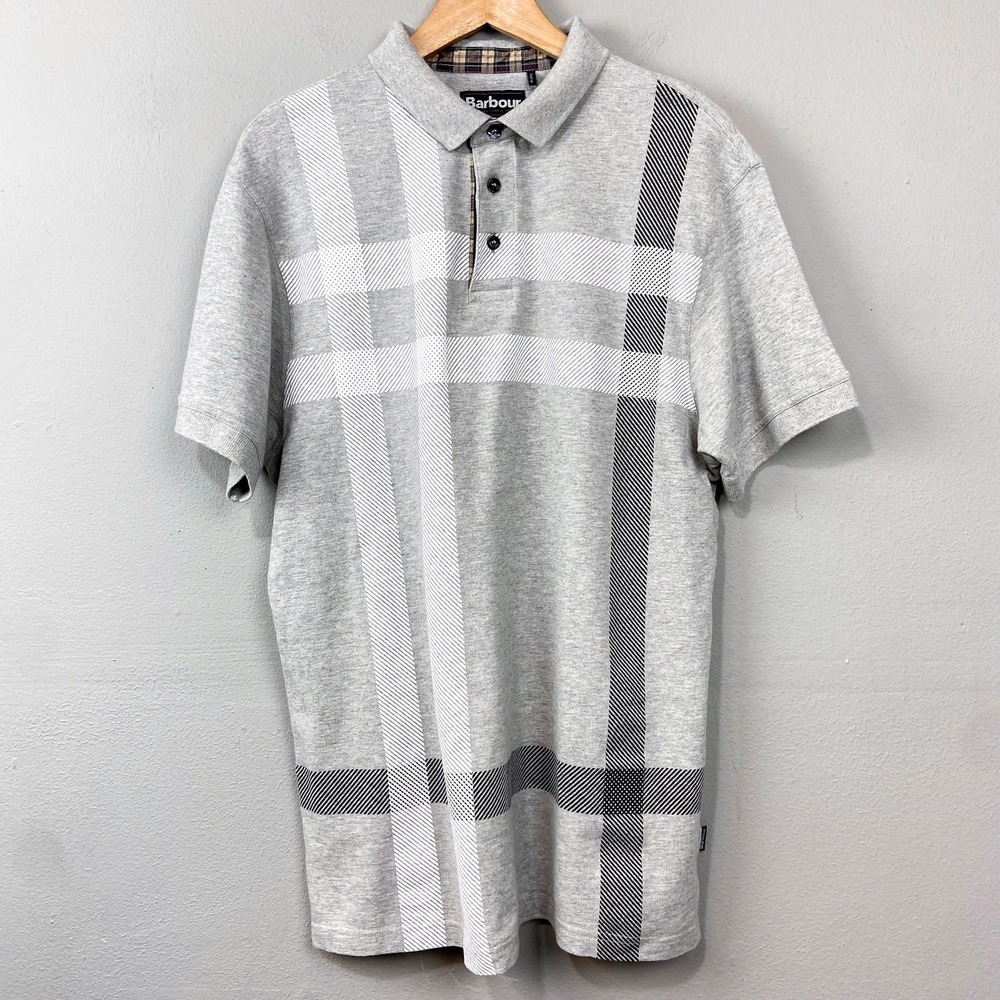 Barbour Plaid Print Polo Shirt Size XL Slim Fit Cotton Pique Knit Preppy British